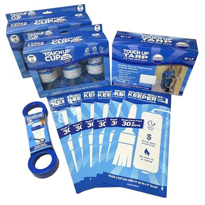 Touch Up Cup Painting Kit - Includes 6 Paint Storage Containers, 1 Painters Tarp, 1 Paint Roller Cleaner Tool, 6 Brush 'n Roller Keepers, As Seen On Shark Tank Products - style: 6Cup + 1Tarp + 1RollSave & 6BrRollKeep