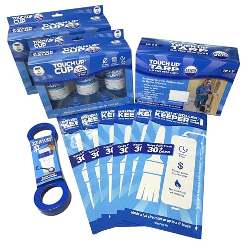 Touch Up Cup Painting Kit - Includes 6 Paint Storage Containers, 1 Painters Tarp, 1 Paint Roller Cleaner Tool, 6 Brush 'n Roller Keepers, As Seen On Shark Tank Products - style: 6Cup + 1Tarp + 1RollSave & 6BrRollKeep