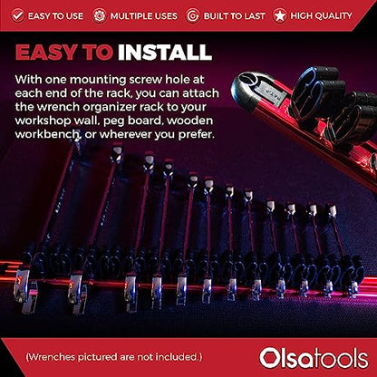 Olsa Tools Wall-Mounted Wrench Rack - Red Anodized Aluminum Rail with Black Clips - Stores 14 SAE or Metric Wrenches Securely - Professional Organizer - Part: 1028 - style: Red Aluminum + Black Clips