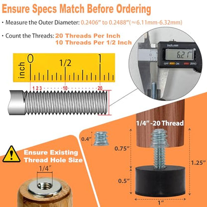NEWBYTEK 1/4-20 Rubber Adjustable Furniture Leveler，8 Pack Leveling Feet Screws in Threaded, Feet Levelers Screw On Furniture Glide Leveling for Table, Chair, Furniture Legs - size: 1/4"-20 With Nuts, 8pcs