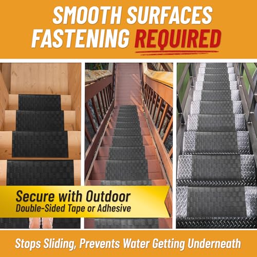 Ottomanson Bullnose Stair Treads Outdoor – Ribbed Heavy-Duty Non-Slip Stair Mats – Best Grip on Concrete, Brick & Textured Step – Fastening Required for Wooden & RV Steps, Pack of 5 - color: Black Ribbed Squares - Bullnose