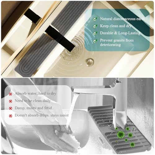 Diatomite Stone Faucet Mat for Kitchen Sink, 23.6 Inch Fast Drying Splash Guard, Super Absorbent Sink Tray Caddy for Dish Soap & Sponge, Bathroom Counter Protector & Organizer, Gray