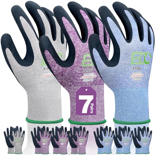 7 Pairs Women Gardening Gloves, EN388 2131X Outdoor Protective Work Gloves with Breathable Micro-Foam Coating for Gardening, General Purpose, Courtyard, 3 Purple + 3Blue +1 Grey - size: Large
