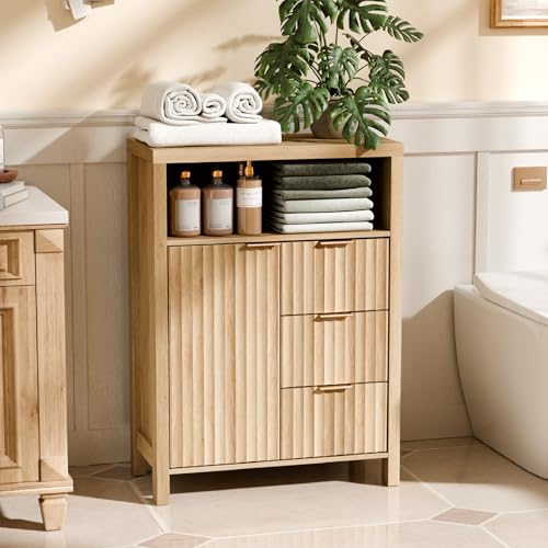 VINGLI Fluted Bathroom Floor Storage Cabinet with Fluted Door 3 Drawers,Modern 12 Inch Deep Short Bathroom Storage Cabinet Organizer Free-Standing for Small Space w/Adjustable Shelf,Natural Oak Color - color: Natural Oak, style: 32" Small Fluted Floor Cab