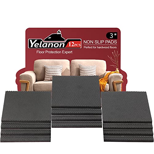 Yelanon Non Slip Furniture Pads -12pcs 3’’ Furniture Grippers Non Skid for Furniture Legs,Self Adhesive Rubber Feet Furniture Feet, Anti Slide Hardwood Floors Protectors for Keep Couch Stoppers - size: 12pcs 3" Square