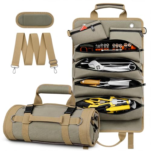 Tool Roll Up Bag, 1680D Heavy Duty Tool Bag Organizer with 2 Detachable Tool Pouches & Multiple Pockets, Waterproof Motorcycle Tool Roll for Mechanic & Electrician, Gift for Men Him Dad, 21.9"*14.7" - color: Khaki