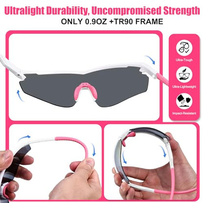 Polarized Sports Sunglasses for Men Women,Wrap Around Sun Glasses for Running Cycling Baseball Fishing Golf Hiking - color: White Pink