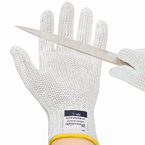 Dowellife Level 8 Reinforced Cut Resistant Gloves, Food Grade, Knife Safety Gloves for Meat Cutting, Oyster Shucking, Fish Fillet, Kitchen Slicing and Wood Carving, White, Large - size: Large (Pack of 1)