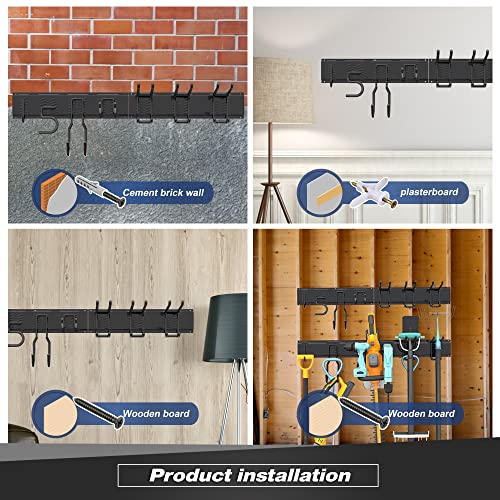 Sttoraboks Garage Tool Storage Rack, Heavy Duty Garage Storage Organizer Rack System Wall Mounted Tool with 6 double hooks, 2 rails, Garden Yard Tools Hanger Rack for Ski Gears, Broom, Rake,Shovel - size: 34inch 2 panels+6 hooks
