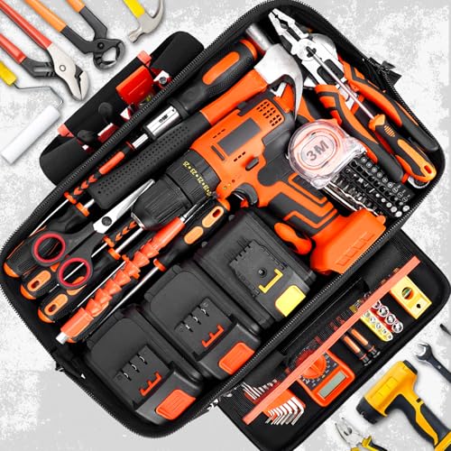 JJRING Heavy Duty 17inch Tool Bag with 48-Pockets, 1680D Oxford Organizer Storage Bag With Adjustable Shoulder Strap And Padded Handle For Electrician Plumbing Mechanics DIY And Craftsmen (RED)