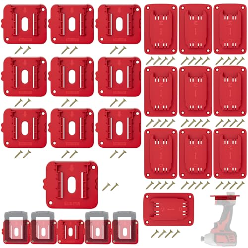Crivnhar 20 Packs Tool Holder and Battery Mount Holder for Milwaukee 18V, 10 Pack Battery Mounts Rack for 18V Batteries, 10 Pack Drill Tool Hangers Organizer, for Garage/Workshop Storage(w/60 Screws) - color: Red for 48-11-1815