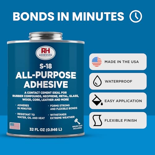 S-18 All-Purpose Adhesive, 32 oz. can - Multi-Purpose, Rubber, Metal, Leather, Felt, Wood, Neoprene, Glass, Flexible, Waterproof, Long Lasting - RH Adhesives - size: 32 oz