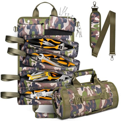 Tool Bag, Heavy Duty Tool Organizer, Portable Tool Pouch for Men, 6 Detachable Pouches, Foldable Carrying Tool Storage, Mechanic & Electrician Dad Birthday Gifts, Camo-Green - style: Detachable