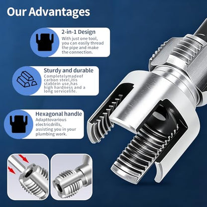 Pipe Threading Tool Set for 1/2", 3/4", 1" PVC & Plastic Pipes, Dual-Function Internal & External Thread Maker & Repair Kit, with Gloves & 4 Seal Tapes