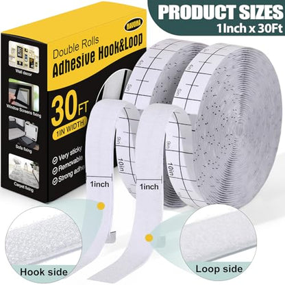 Navona 30Ft x 1 Inch Hook and Loop Strips with Adhesive – 2 Rolls Heavy Duty Hook and Loop Tape with Backing for Home, Office, School, and Crafting Projects, White - color: 1in x 30ft-white