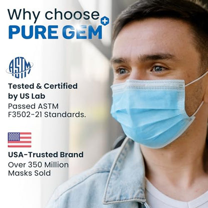 PURE GEM [Pack of 150] Single Use Disposable Blue Face Mask, Soft on Skin, 3-ply Masks Facial Cover with Elastic Earloops Great For Home, Office, School, and Outdoors - color: 150 Masks