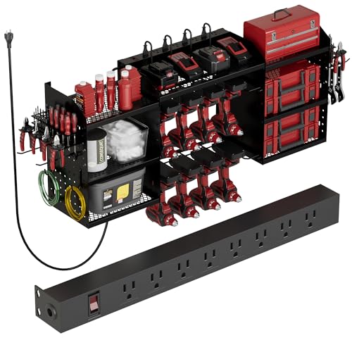 Power Tool Organizer Wall Mount with Charging Station, Heavy-Duty Metal Garage Tool Storage Rack & 8 Outlet Power Strip, 51 Inch 3 Tier 8 Bin Shelves for Workshop Organization - size: 51 Inch 3 Tier Shelves