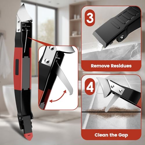 6 in 1 Silicone Caulking Tool Kit with Caulk Grout Remover Tool Sealant Finishing & Smoothing Tool, Grout Scraper, 6 Reusable Pads and Adhesive Residue Scraper for Kitchen Bathroom Tile Sink (Red) - color: Red