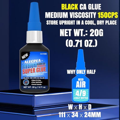 20g Black Medium CA Glue (150 CPS), Premium Cyanoacrylate Super Glue for Wood, Glass, Metal, Paper, Leather, Plastic, Ceramic, Rubber, Jewelry, Woodworking, Hobby Models, and Craft Project - size: Black/150CPS