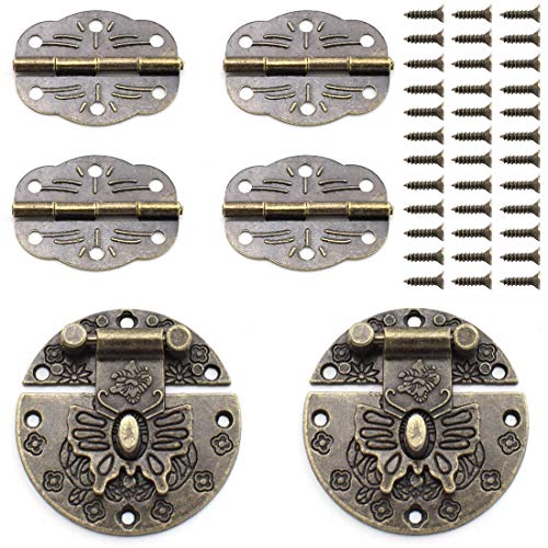 SDTC Tech Antique Butterfly Pattern Round Hasp Latch with Padlock Hole and Oval Hinges for Repairing or Decorating Jewelry Box Cabinet Drawer (2X Hasp + 4X Hinges) - color: With padlock hole