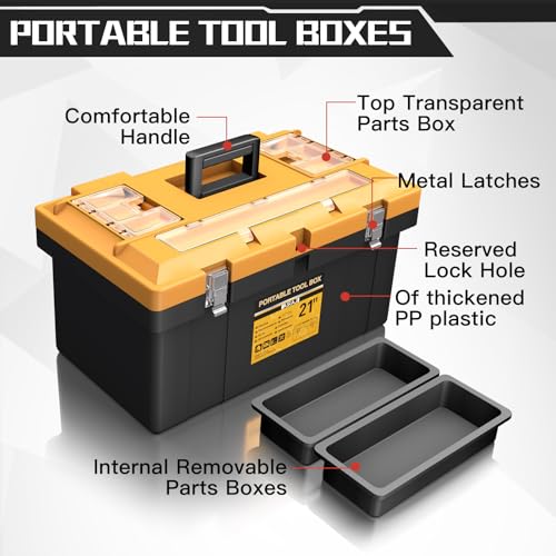 Tool Box | 4 In 1 Toolbox Set | 8 Removable Tool Box Organizers | 15”+17”+19”+21” | Lockable Portable Tool Boxes | Mini/Small/Large Toolboxes | Garage Storage Tools | Home/Professional | Hand/Power