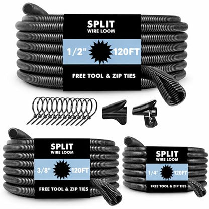 Automotive Wire Loom Flame Retardant Split Wire Loom Tubing Assortment Wiring Loom Kit Plastic Cover Electrical Covering Conduit Protective Wire Wrap Cable Sleeves Black 1/4", 1/2", 3/8" x 120 Ft - size: 1/4, 1/2, 3/8 Inch-120ft