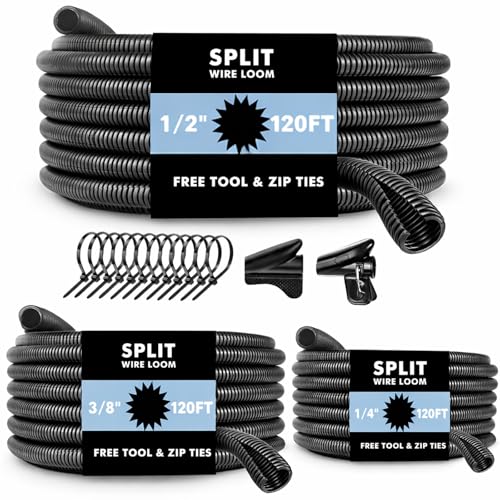 Automotive Wire Loom Flame Retardant Split Wire Loom Tubing Assortment Wiring Loom Kit Plastic Cover Electrical Covering Conduit Protective Wire Wrap Cable Sleeves Black 1/4", 1/2", 3/8" x 120 Ft - size: 1/4, 1/2, 3/8 Inch-120ft