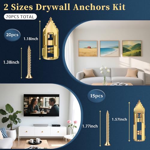 70 Pcs Self Drilling Drywall Anchors with Screws Kit, 2 Sizes Heavy Duty Metal Expansion Anchors for Drywall- 1.18in & 1.57in, No Pre-Drill No Holes, for Picture Frames, Mirror, Shelves