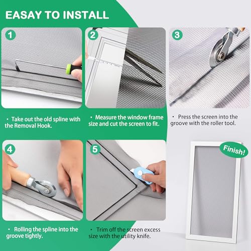 Screen Tool for Window Screen Replacement - Two Spline Roller (Steel and Nylon Bearing Roller), Spline Removal Hook, Two Sizes Screen Spline, Utility Knife, Tape Measure, Tooltriz