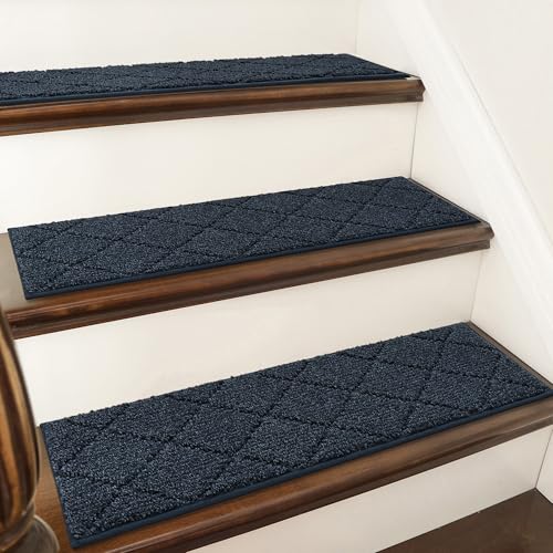 COSY HOMEER Edging Stair Treads Non-Slip Carpet Mat 28inX9in Indoor Stair Runners for Wooden Steps, Edging Stair Rugs for Kids and Dogs, 100% Polyester TPE Backing (15pc, Navy) - color: Navy, size: 28 X 9 Inches (15 Pieces)