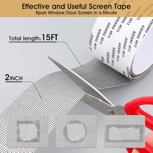 Screen Repair Tape - 2" x 15FT Window Screen Repair Tapes for Windows & Door Mesh Tears Holes, Strong Adhesive Screens Tapes Repair Mesh, Window Screens Repairs Kit(Grey)