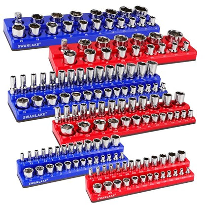 Magnetic Socket Organizer Set, 6PCS Socket Holder, 1/4", 3/8", 1/2" Sockets Holds 143 Pieces Magnetic Sockets Trays (Blue&red, 6 Pcs) - style: 6PCS Red/Blue