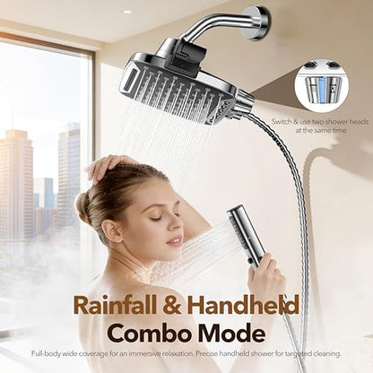 JDO High Pressure Rain Shower Head with Handheld Spray, 7 Modes Dual Shower Head Combo, 12 Inch Rainfall Showerhead Detachable, Power Wash for Bathroom Cleaning