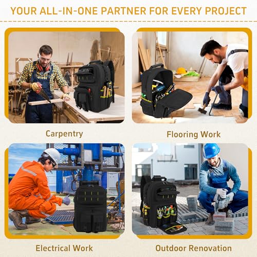 Backpack Tool Bag with Movable Base Plate, Heavy Duty Tool Storage with Removable Tool Organizer, Durable Water Resistant for Electricians & Home Repair-Version 4.0- Black&Yellow - color: Black&Yellow