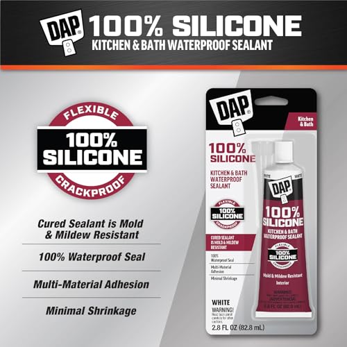 DAP 100% Silicone Rubber Kitchen, Bath & Plumbing Bath Sealant, White, 2.8 oz (7079800950)