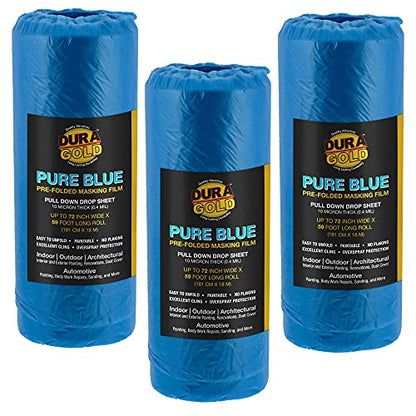Dura-Gold 72" x 59' Pure Blue Pre-Folded Masking Film, (3 Pack) Painters Plastic Roll (0.4 Mil), Pull Down Drop Sheet, Pre-Folded Plastic Sheeting for Painting Protection on Auto, Walls, Furniture - size: 72-inch
