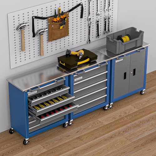 LARBANKE 7-Drawer Rolling Tool Chest with Key Locking System,Tool Chest with 360° Lockable Wheels and Four Padded Feet,can be Formed into a Large Workbench,Tool Storage Chest for Garage Workshops