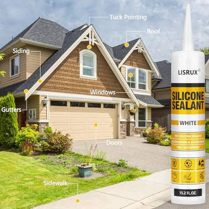 LISRUX Advanced Silicone Caulk for Window & Door, White, 15.2 fl oz Cartridge, 12 Pack - 100% Waterproof Silicone Sealant Indoor Outdoor Caulking, UV Resistant, Stronger Adhesion, Shrink & Crack Proof - size: 12P