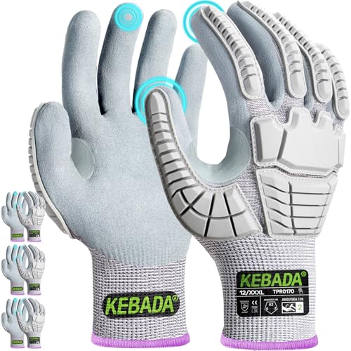 Kebada Impact Protection Gloves, ANSI A2 Cut Resistant Work Gloves with Grip, Touchscreen, Sandy Nitrile Coated - color: Grey (3 Pair), size: XXXS
