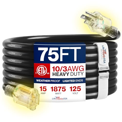 75ft Outdoor/Indoor Extension Cord 10/3 Gauge Ultra Heavy Duty 3 Prong SJTW, Waterproof, ETL Listed, Flexible Cold-Resistant Long Power Cord,15A 125V 1875W, Black by LifeSupplyUSA - color: Black, size: 75 FT, style: 10 Gauge (ULTRA HEAVY DUTY)