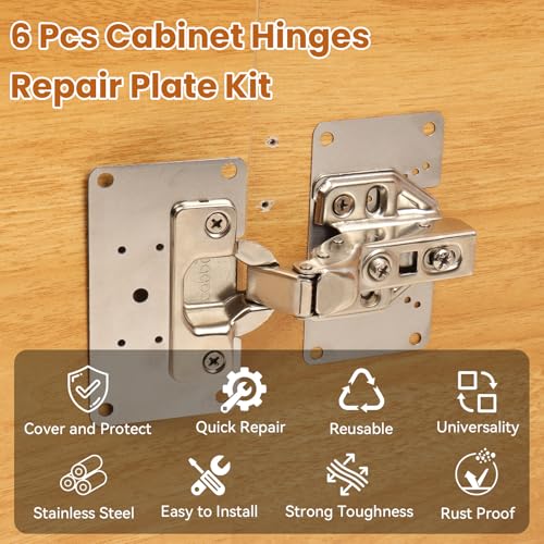 Cabinet Hinges Repair Plate, 6 Pcs Stainless Steel Cabinet Door Hinge Repair Replacement Kit with Mounting Screws, Hinges Fixing Plate Brackets for Kitchen Bathroom Cupboard Door