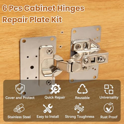 Cabinet Hinges Repair Plate, 6 Pcs Stainless Steel Cabinet Door Hinge Repair Replacement Kit with Mounting Screws, Hinges Fixing Plate Brackets for Kitchen Bathroom Cupboard Door