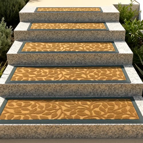 Stair Treads Outdoor for Wooden Steps, Non-Slip Rubber Brown Stair Runner Rugs, 2 Pcs 8.5" x 30" Heavy Duty Stair Mats for Outside Steps, Weatherproof Grip for Elders, Dogs & Kids, Yellow Leaves. - color: Yellow Leaves, size: 8.5" X 30"