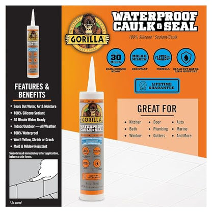 Gorilla Waterproof Caulk Seal 100% Silicone Sealant, 10oz Cartridge, Clear (Pack of 1)+ ADESIVE Sticker ADVENTURE HOME