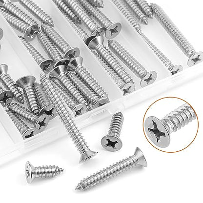 #14 x 3/4" 1" 1-1/4" 1-1/2" 2" Wood Screws Set, HELIFOUNER 52 Pieces Phillips Countersunk Head Self-Tapping Screws Assortment Kit, Phillips Flat Head Wood Screws, 304 Stainless Steel - size: #14