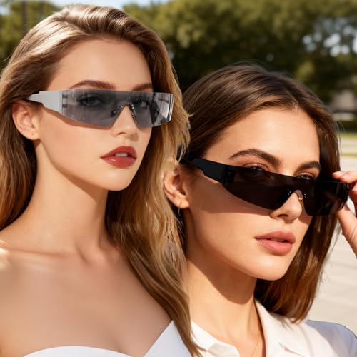 2 Pcs Futuristic Wrap Around Sunglasses Y2K Fashion Trendy Rimless Glasses Punk Eyewear for Women Men - color: Black+silver