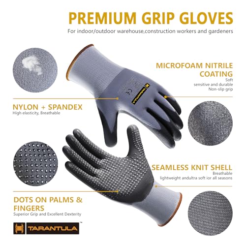 Tarantula Safety Work Gloves MicroFoam Nitrile Coated 12 Pairs,Endurance Seamless Knit Nylon,Dots on Palm,Dot Grip Gloves,X-Lagre - color: Grey, size: X-Large (Pack of 12)