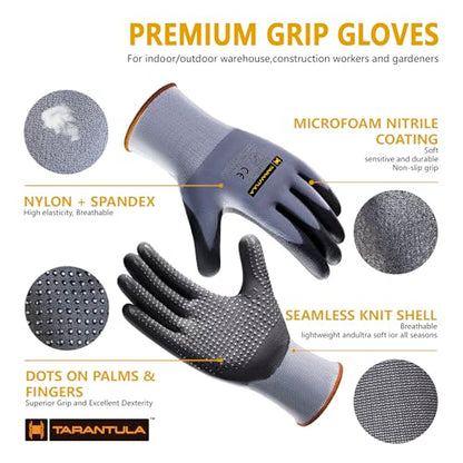 Tarantula Safety Work Gloves MicroFoam Nitrile Coated 12 Pairs,Endurance Seamless Knit Nylon,Dots on Palm,Dot Grip Gloves,X-Lagre - color: Grey, size: X-Large (Pack of 12)