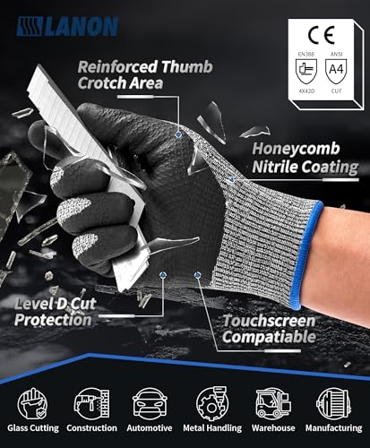 LANON Cut Resistant Gloves, Knife Protection Level D, Nitrile Coating with Honey Comb Pattern, ANSI A4 Cut Work Gloves, Reinforced Thumbs, 3D Comfort Fit, Breathable, Mechanical, Touchscreen,XL - size: X-Large