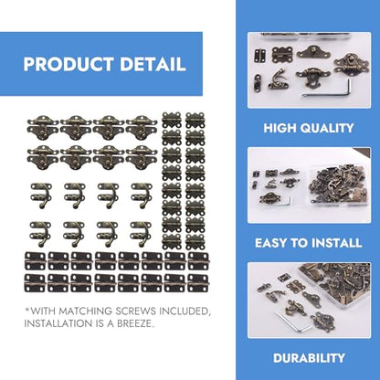 248 Pcs Antique Bronze Hardware Kit, 8 Engraved Hasp Catches, 8 Small Brass Latches, 32 Box Hinges with 200 Screws for Wooden Jewelry Boxes, Cabinets & Furniture Repair - color: 248PCS